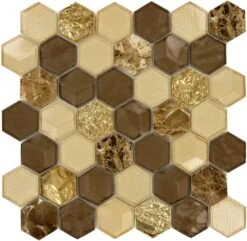 Wooden Hornet Hexagon Brown Glossy Glass And Stone Tile