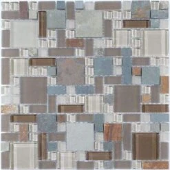 Winter Scape GS25 Brown Unique Shapes Glass And Slate Glossy And Frosted Tile