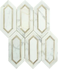 Elongated Hexagon Carrara And Gold Metal Tile