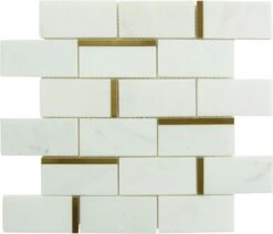 Natural Bianco White And Random Linear Gold Metal Brick Subway Stone Tile