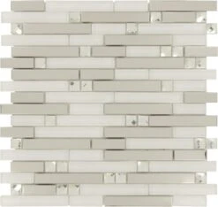 Diamond White Random Bricks Glass And Metal Glossy Tile